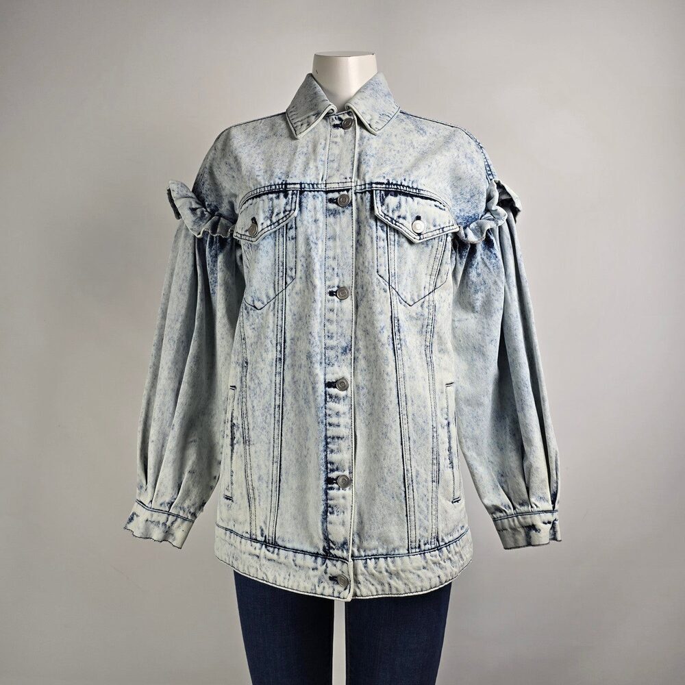 Avec Les Filles Acid Wash Oversized Ruffle Denim Trucker Jacket Size XS/S